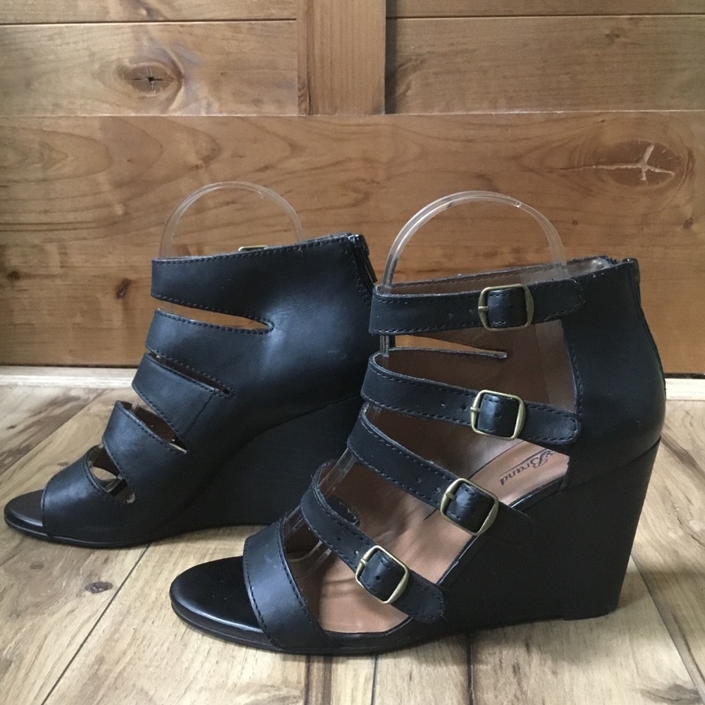 Lucky Brand Reynolds Wedge Sandal Caged Strappy Buckled Leather Open Toe Shoes - Picture 3 of 10